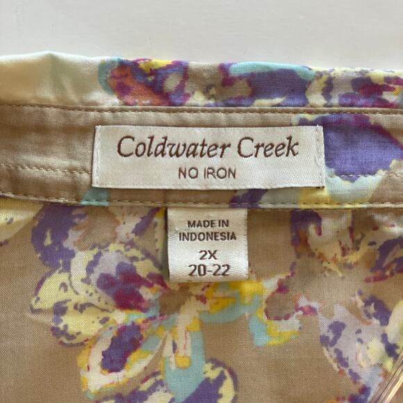 Coldwater Creek No Iron Button Top Womens Size 2X Tan Watercolor Floral Shirt - Picture 5 of 8